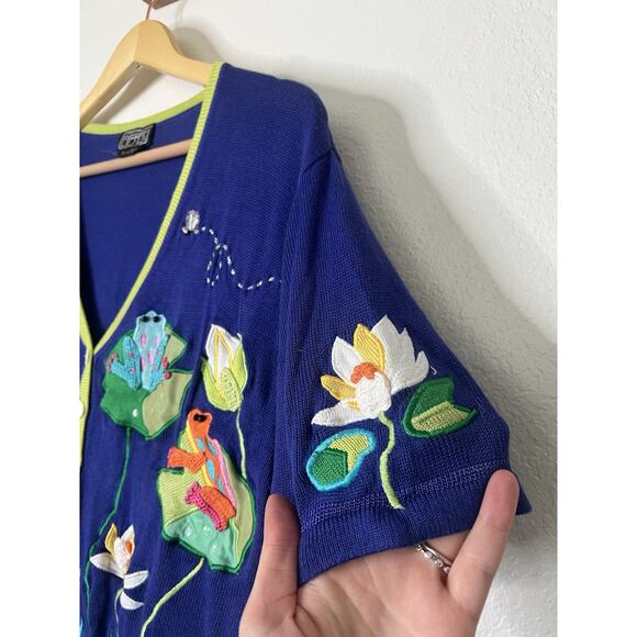 Vintage Berek Frog Floral Applique Button Up Cardigan Top Size Large - Picture 5 of 6